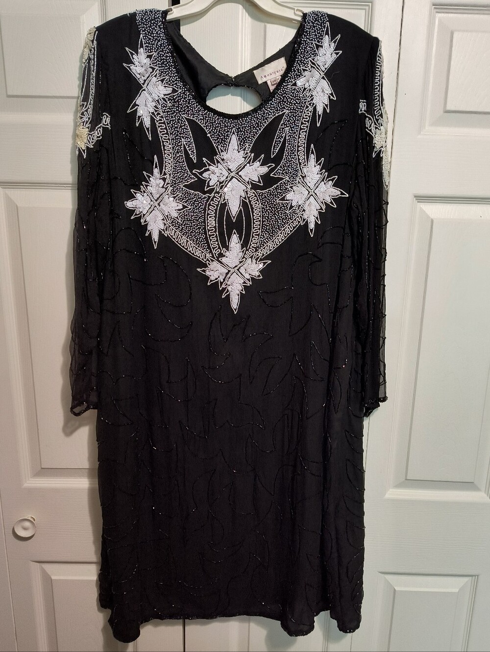 Black Beaded Evening Dress with Silver Embroidery